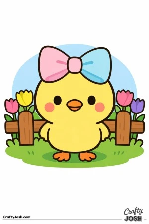 A sweet chick wearing a big bow stands in front of a wooden fence with tulips lined up behind it