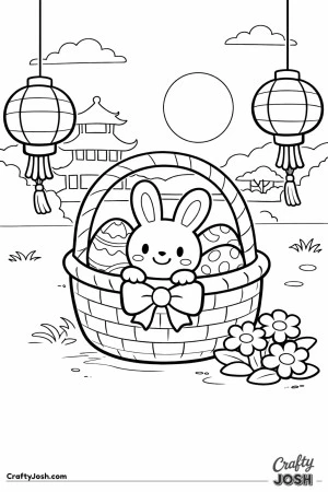 A smiling bunny sits inside an Easter basket filled with decorated eggs, surrounded by hanging lanterns, a pagoda building, flowers, simple clouds, ..