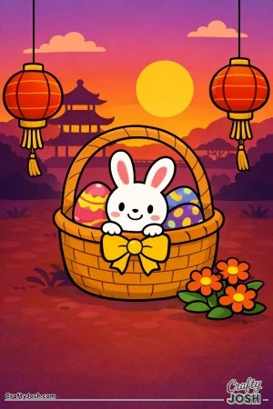 A smiling bunny sits inside an Easter basket filled with decorated eggs, surrounded by hanging lanterns, a pagoda building, flowers, simple clouds, ..