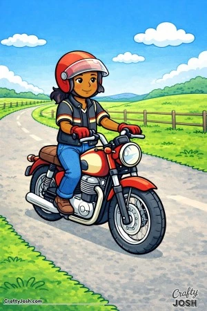 Confident young girl riding a classic bike along a quiet country road, designed for kids around 10 years old with clear, bold outlines