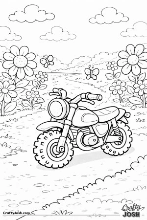 A cute chibi-style classic motorcycle is parked along a garden path, surrounded by oversized flowers and butterflies in a calm, playful scene.