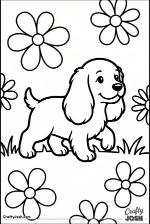 Cocker spaniel puppy flower field