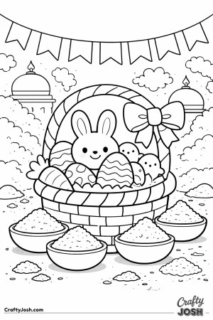 A smiling bunny sits in an Easter basket filled with decorated eggs and a carrot, surrounded by bowls of powder, hanging flags, clouds, and domed ..