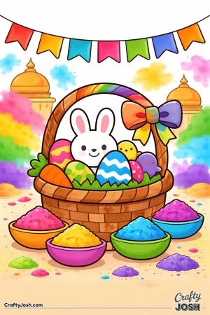A smiling bunny sits in an Easter basket filled with decorated eggs and a carrot, surrounded by bowls of powder, hanging flags, clouds, and domed ..
