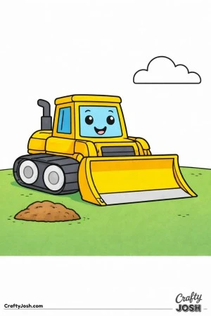 This simple mini bulldozer coloring page features a compact construction vehicle with a wide blade and large tracks