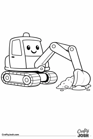 This compact mini digger features a rounded body, thick simple arm, and large bucket with wide tracks designed for young ones