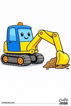 This compact mini digger features a rounded body, thick simple arm, and large bucket with wide tracks designed for young ones