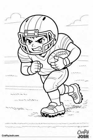 A young football player drives forward with short, powerful strides while holding the ball tightly and showing determination