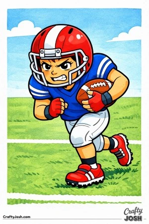 A young football player drives forward with short, powerful strides while holding the ball tightly and showing determination