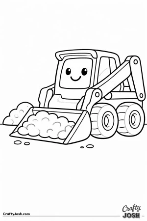 This coloring page features a compact skid steer loader with a large front bucket filled with rounded dirt shapes and big sturdy wheels