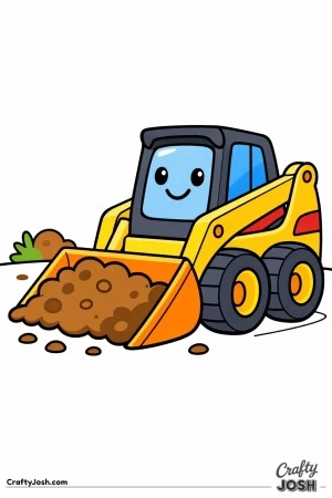This coloring page features a compact skid steer loader with a large front bucket filled with rounded dirt shapes and big sturdy wheels