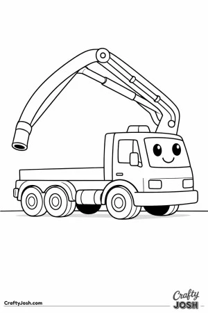 This concrete pump truck coloring page features a large truck with a thick curved pump arm reaching high into the air