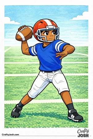 A young quarterback winds up for a deep throw with his shoulders rotated back and eyes focused downfield toward the open field ahead