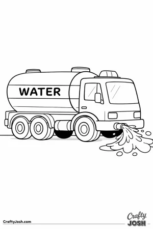 This simple water truck coloring page shows a large tanker spraying big rounded splashes of water onto the ground