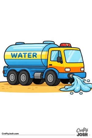 This simple water truck coloring page shows a large tanker spraying big rounded splashes of water onto the ground