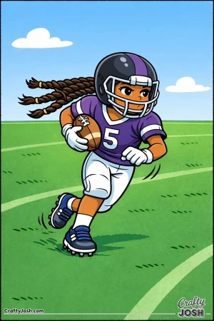 A young football player sprints forward while scanning the field ahead and running confidently with the ball