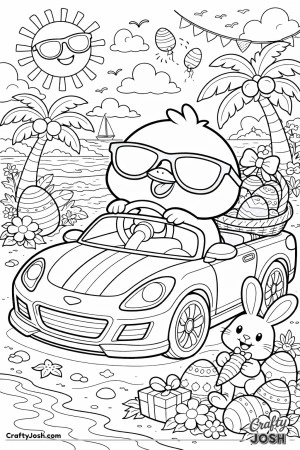 A cool chick wearing big sunglasses is driving a convertible sports car on a sunny island beach with Easter eggs, a bunny, and palm trees all around