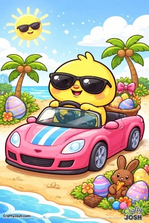 A cool chick wearing big sunglasses is driving a convertible sports car on a sunny island beach with Easter eggs, a bunny, and palm trees all around
