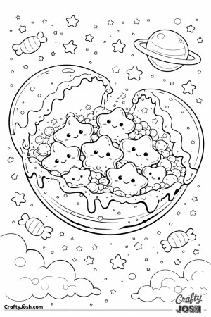 A cracked chocolate planet floats in space, opened up to show smiling star-shaped candies and round sweets inside, with stars, clouds, and wrapped ..