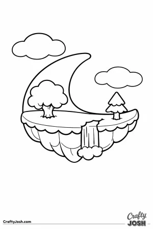 floating island, crescent moon island, moon shaped island, floating moon, floating landscape, simple trees, tree, pine tree, waterfall, clouds, sky ..