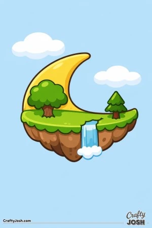 floating island, crescent moon island, moon shaped island, floating moon, floating landscape, simple trees, tree, pine tree, waterfall, clouds, sky ..
