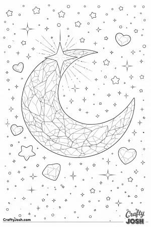 A crescent-shaped crystal moon with a star at its tip floats among stars, hearts, and gem shapes in a dreamy space scene.