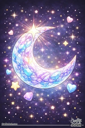 A crescent-shaped crystal moon with a star at its tip floats among stars, hearts, and gem shapes in a dreamy space scene.