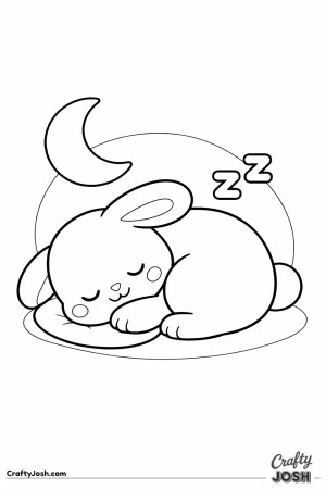 A cute bunny is curled up asleep with a crescent moon and two Z symbols above