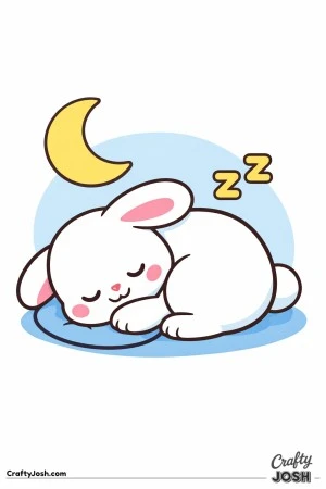 A cute bunny is curled up asleep with a crescent moon and two Z symbols above