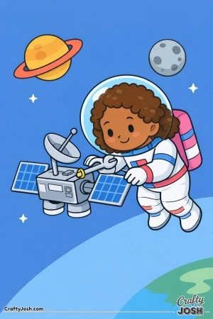 A girl astronaut with curly hair is floating in space while fixing a small satellite using a wrench