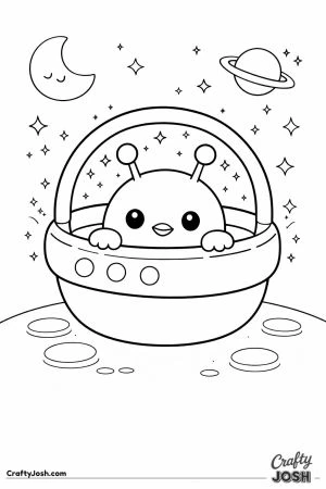 A cute alien chick with antennae peeks out of a round space basket while stars, a crescent moon, and a ringed planet float in the sky above a small ..
