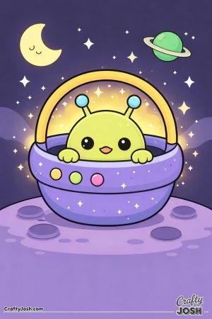 A cute alien chick with antennae peeks out of a round space basket while stars, a crescent moon, and a ringed planet float in the sky above a small ..