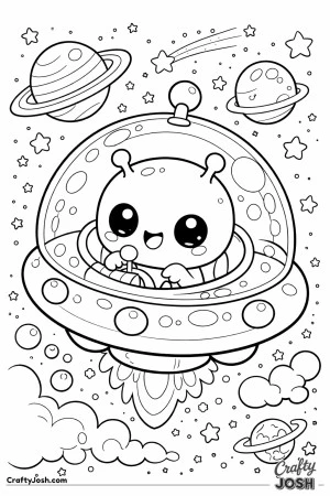 A cute alien happily pilots a tiny bubble-shaped spaceship through outer space, surrounded by stars, planets, and clouds