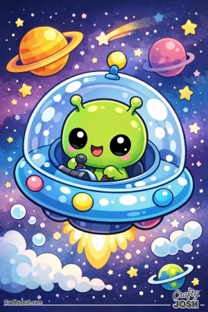 A cute alien happily pilots a tiny bubble-shaped spaceship through outer space, surrounded by stars, planets, and clouds