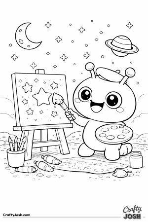 This image shows a happy alien artist painting stars on a canvas set on an easel, holding a paintbrush and palette while surrounded by art supplies ..