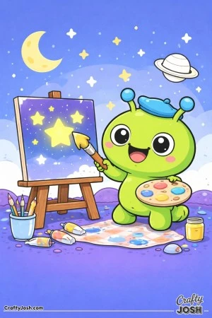 This image shows a happy alien artist painting stars on a canvas set on an easel, holding a paintbrush and palette while surrounded by art supplies ..