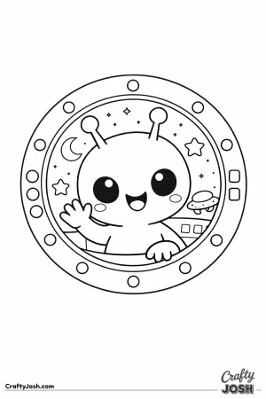 A friendly alien smiles and waves from inside a round spaceship window, surrounded by stars, a moon, and a small flying saucer