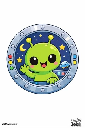 A friendly alien smiles and waves from inside a round spaceship window, surrounded by stars, a moon, and a small flying saucer