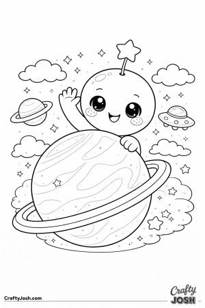 This image shows a happy alien artist painting stars on a canvas set on an easel, holding a paintbrush and palette while surrounded by art supplies ..