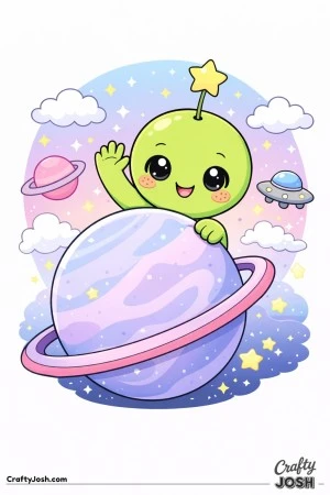 This image shows a happy alien artist painting stars on a canvas set on an easel, holding a paintbrush and palette while surrounded by art supplies ..