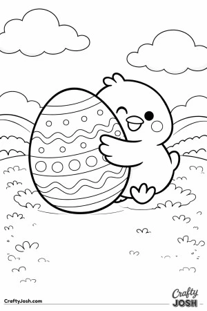 A cute baby chick is hugging a large decorated Easter egg while sitting in a grassy field with rolling hills and fluffy clouds in the background