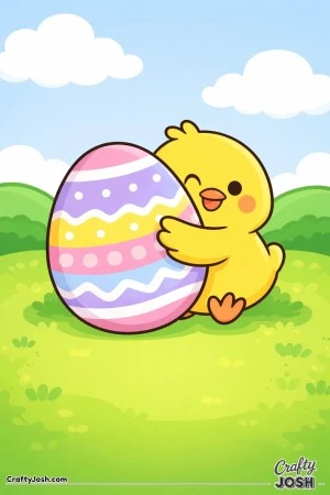 A cute baby chick is hugging a large decorated Easter egg while sitting in a grassy field with rolling hills and fluffy clouds in the background