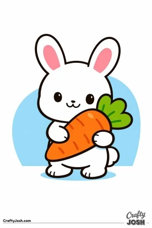 A cute baby bunny is holding a large carrot with a simple background shape behind it