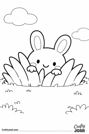 A cute bunny is peeking out from behind big grass with a couple of clouds in the sky