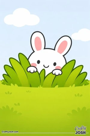 A cute bunny is peeking out from behind big grass with a couple of clouds in the sky