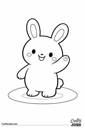 A chubby bunny is standing on an oval patch of ground and waving with a big smile