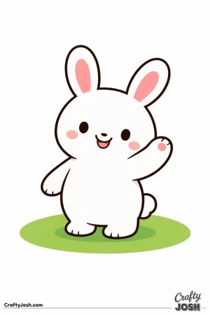 A chubby bunny is standing on an oval patch of ground and waving with a big smile