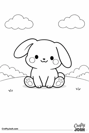 This image shows a cute bunny with floppy ears and rosy cheeks sitting on a grassy hill with simple clouds in the sky
