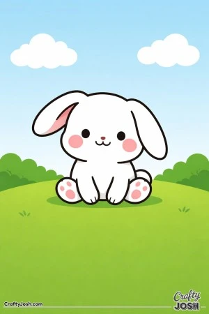 This image shows a cute bunny with floppy ears and rosy cheeks sitting on a grassy hill with simple clouds in the sky