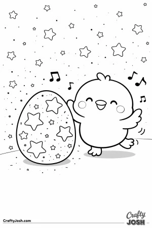A happy chick dances beside a big egg decorated with stars under a night sky filled with simple stars and music notes.